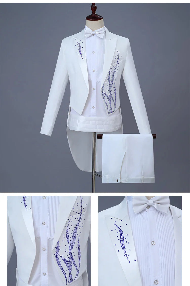 White Tuxedo Male Swallowtail Suits Crystal Blazers Trousers Singer Costume Prom Host Magician Chorus Stage Performance 2 Piece