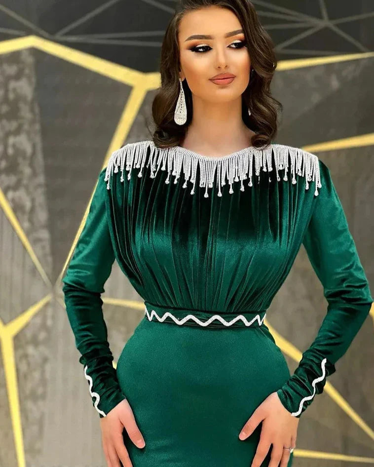 Velvet Tassel Mermaid Evening Dress Long Sleeve Elegant Caftan Party Dresses Robe De Soirée Popular Women Prom Gowns