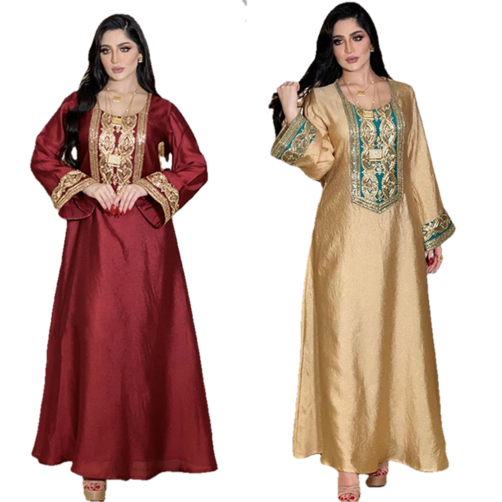 Fashion Solid Sequins Embroidery Abaya African Turkish Women Kaftan Clothing Jalabiyat Long Sleeve O-Neck Party Dress