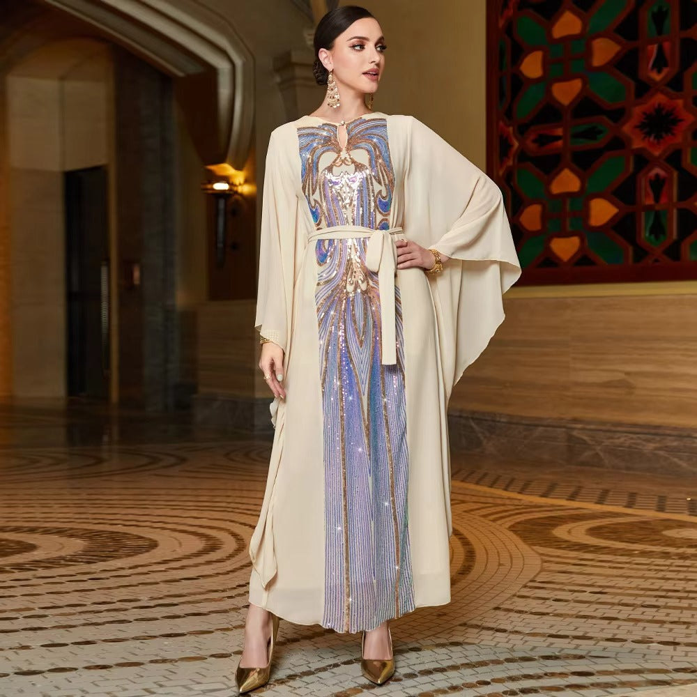 Elegant Floral Embroidery Sequins Butterfly Sleeves Belted Kaftan Ladies Evening Dresses Casual Loose Arab Muslim Women Clothes