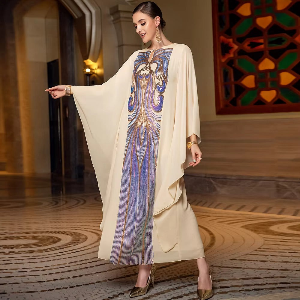 Elegant Floral Embroidery Sequins Butterfly Sleeves Belted Kaftan Ladies Evening Dresses Casual Loose Arab Muslim Women Clothes