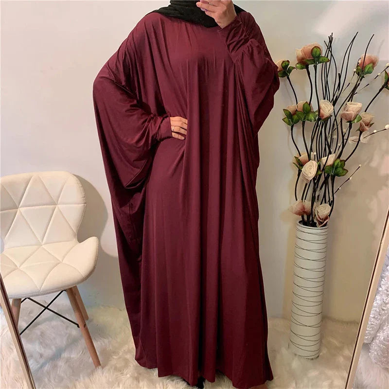 Ramadan Plain Abaya Prayer Long Dress Muslim Women Batwing Sleeve Free Size Hijab Robe Jilbab Islamic Dubai Saudi Modest Kaftan maroon abaya One Size