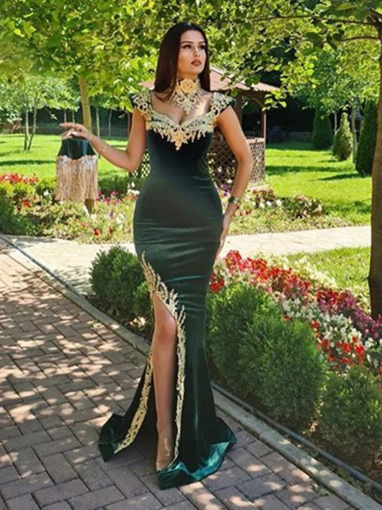 Dark Green Moroccan Kaftan Evening Dress Mermaid Formal Dubai Formal Lace Celebrity Dresses Plus Size Sexy High Split