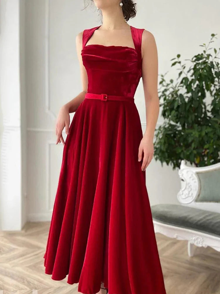 Red Caftan Evening Gowns A Line Tea Length Party Prom Dress Sleeveless Velvet Formal Lady Wear Red