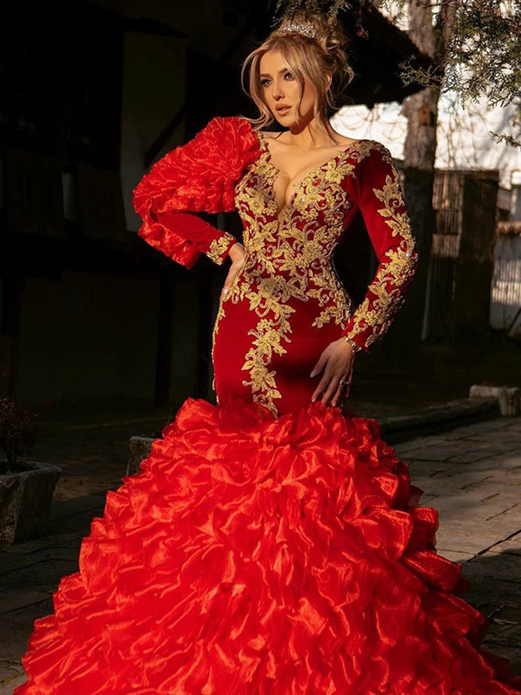 V Neck Red Morocco Caftan Mermaid Evening Party Dresses Long Sleeve Gold Lace Prom Gown Saudi Arabia Red carpet Dress