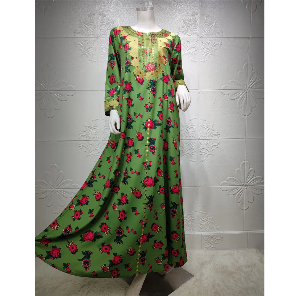 Moroccan Muslim Abaya Floral Print Women Long Maxi Dress Turkey Arab Dubai Eid Party Femme Ramadan Kaftan Jalabiya Vestidos Gown 03 Green