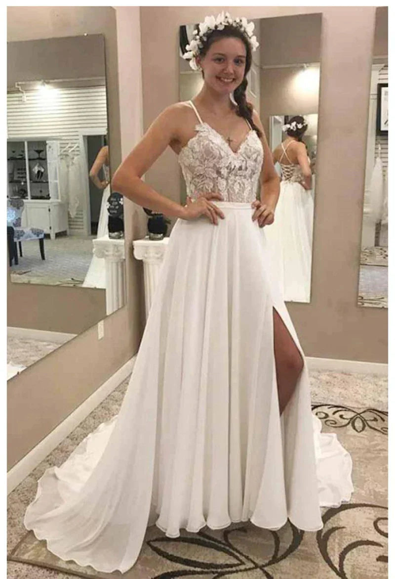 Sexy Spaghetti Strips A-Line Wedding Dresses Lace Up Back Chiffon Long Bridal Gowns Formal Custom Plus Size Vestidos 26W