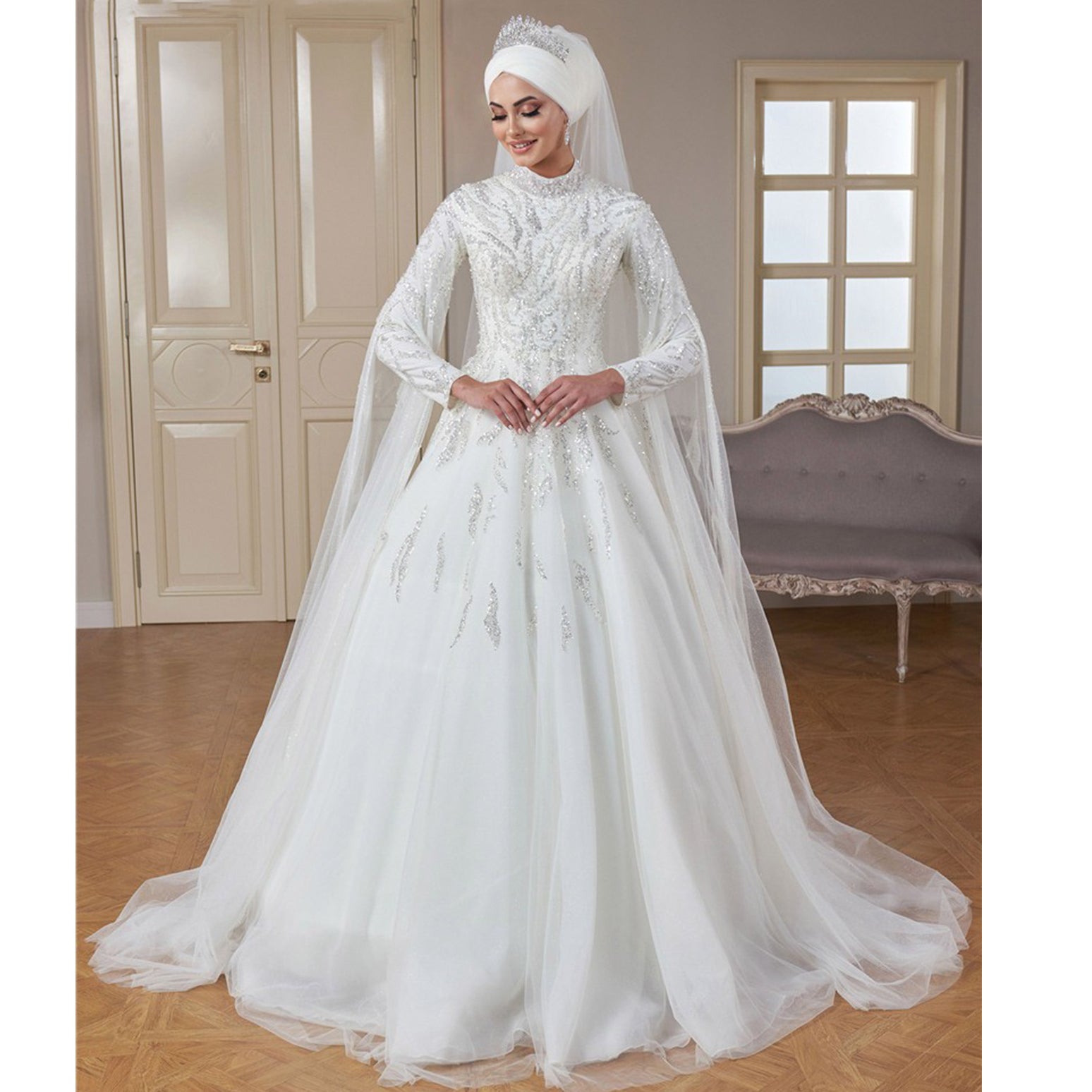 Luxury Beaded Long Sleeve Muslim Wedding Dresses High Neck Islamic Hijab Bridal Gown Arabic Dubai Kaftan Vestidos De Novi