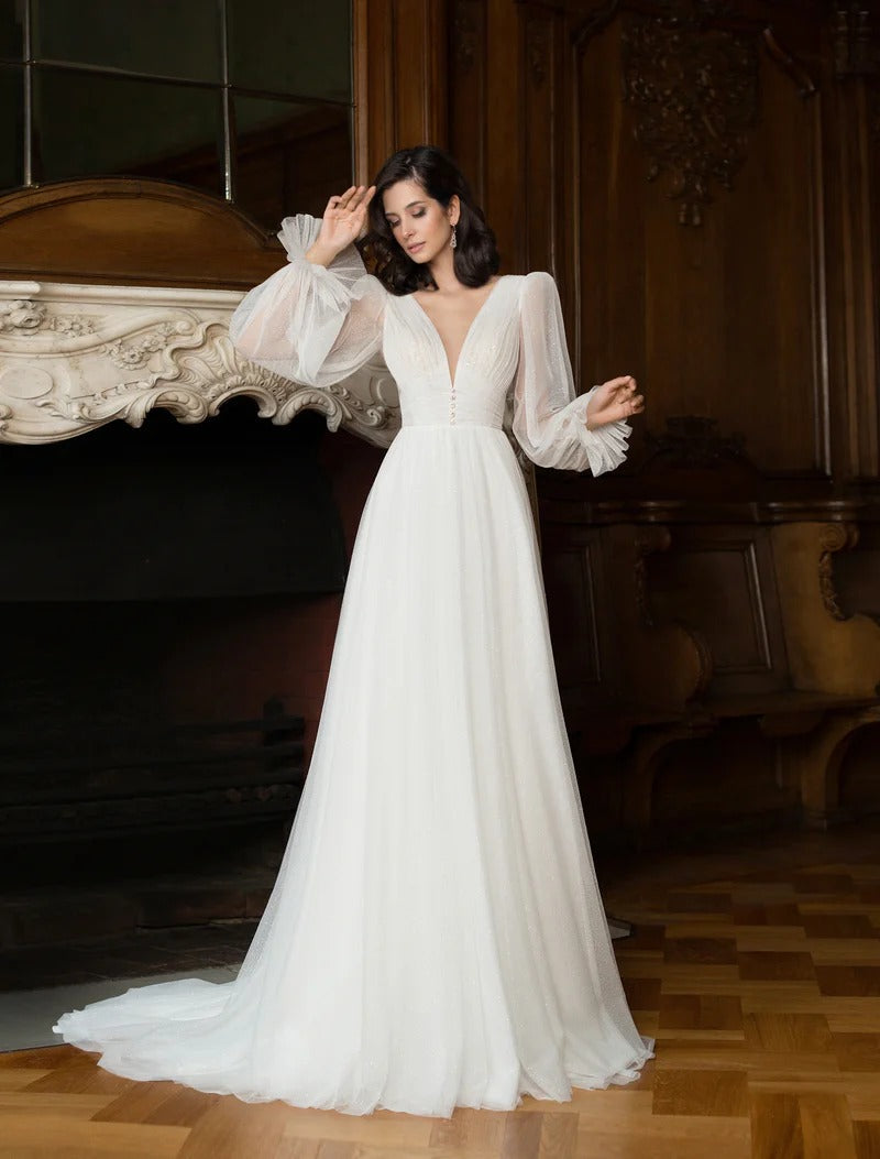 JEHETH Elegant Glitter Tulle Deep V-Neck Wedding Dresses Princess Shiny Lantern Sleeves Backless A-Line Pleated Bridal Gowns