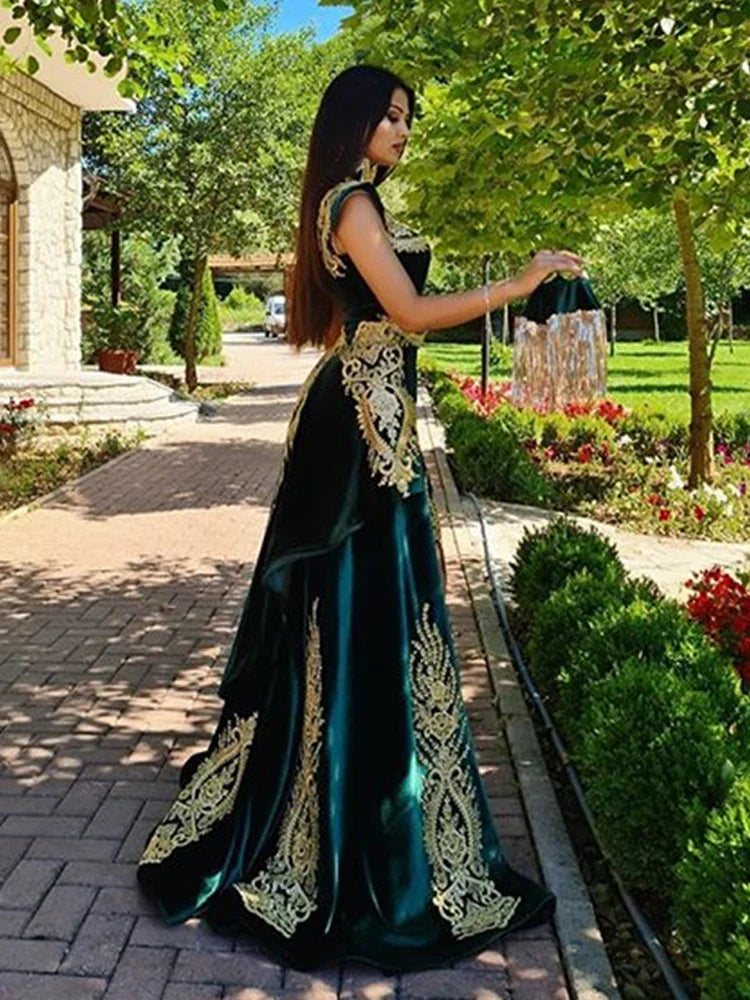 Dark Green Moroccan Kaftan Evening Dress Mermaid Formal Dubai Formal Lace Celebrity Dresses Plus Size Sexy High Split