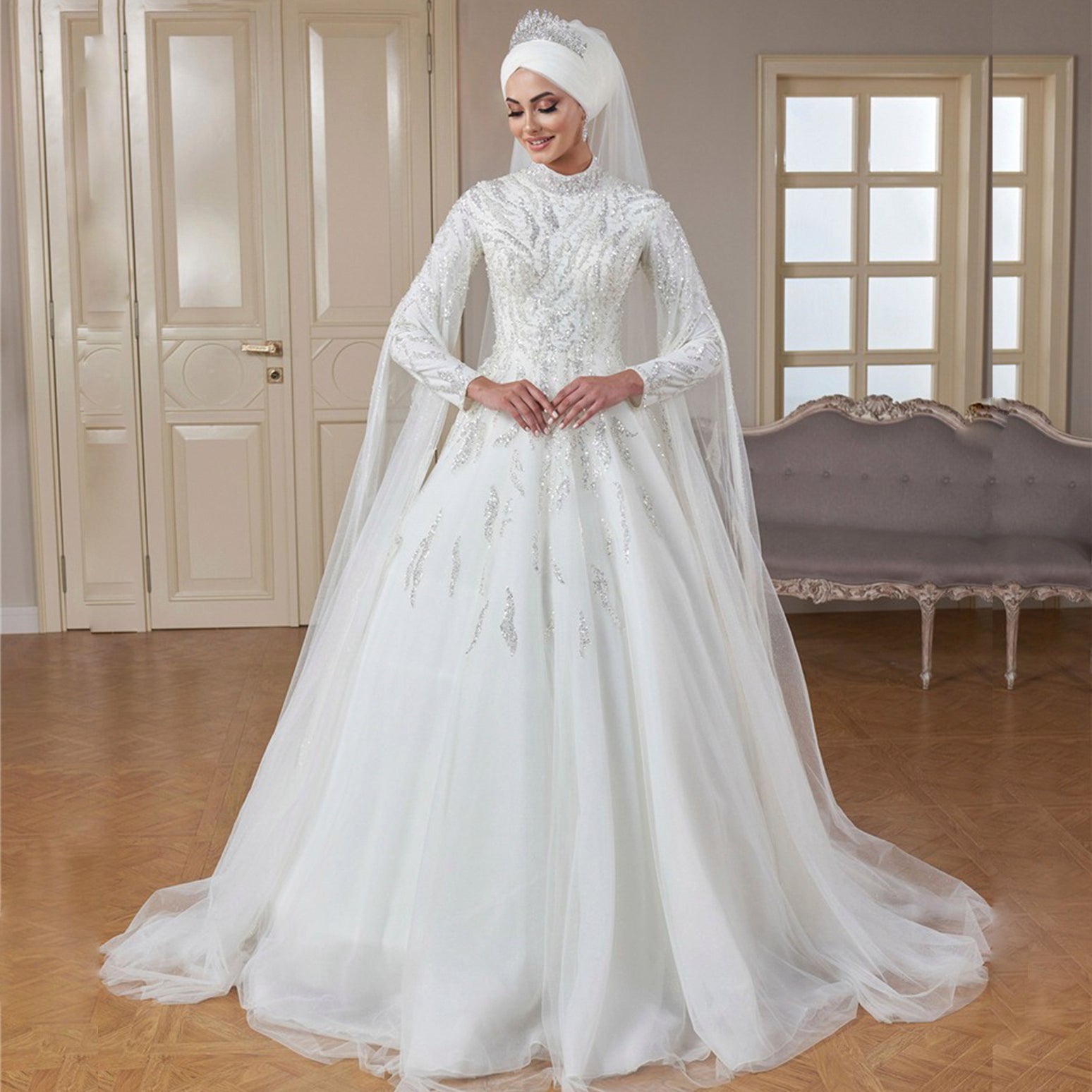 Luxury Beaded Long Sleeve Muslim Wedding Dresses High Neck Islamic Hijab Bridal Gown Arabic Dubai Kaftan Vestidos De Novi