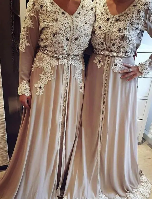 Dusty Rose Lace Beading Moroccan Kaftan Formal Evening Dresses with Long Sleeve Prom Special Occasion Gowns Mother Dress