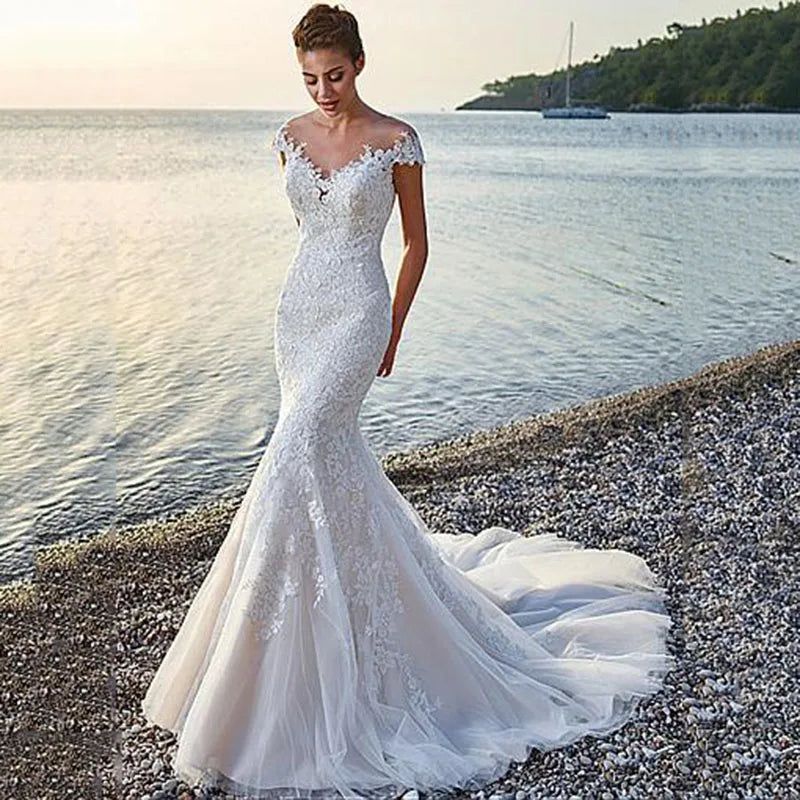 Mermaid Wedding Dress Lace Appliques Sexy V neck Backless Bridal Dress Elegant Long Wedding Gowns Plus Size Custom Made Ivory