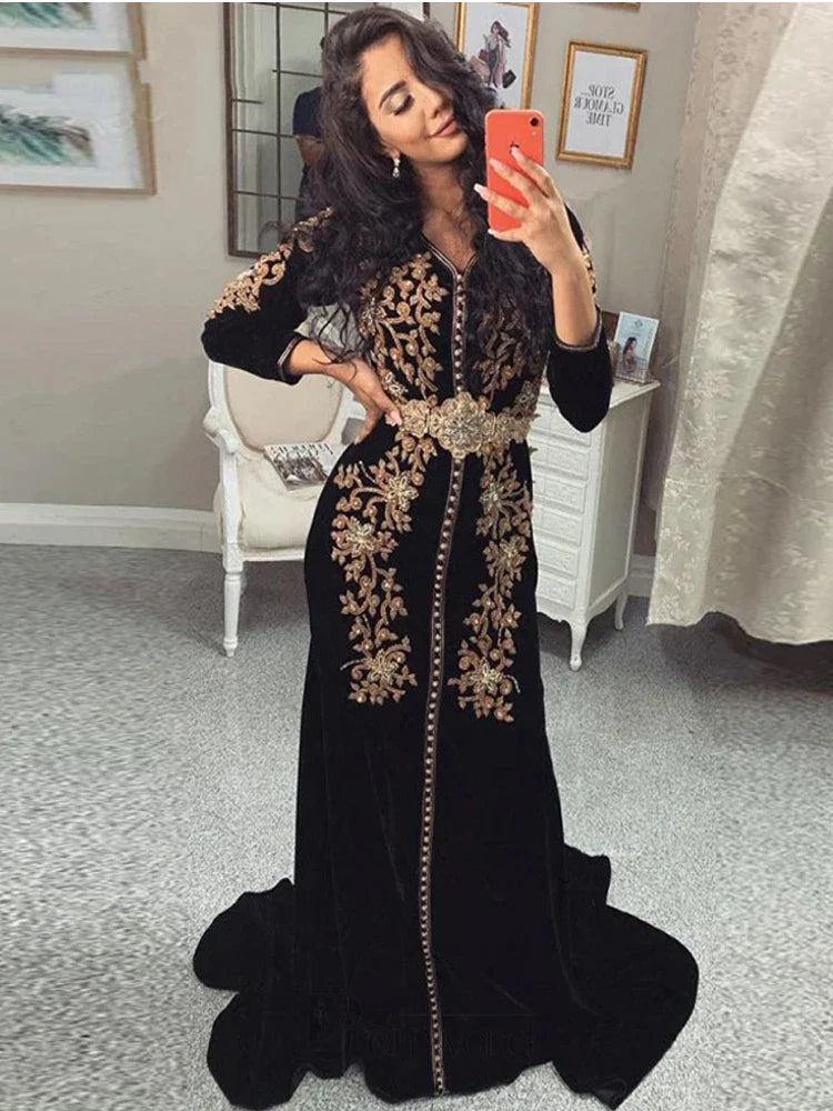 Elegant Black Algeria caftan Evening Dresses V Neck Lace 3/4 Long Sleeve Muslim Special Occasion Dresses Party Gowns Black