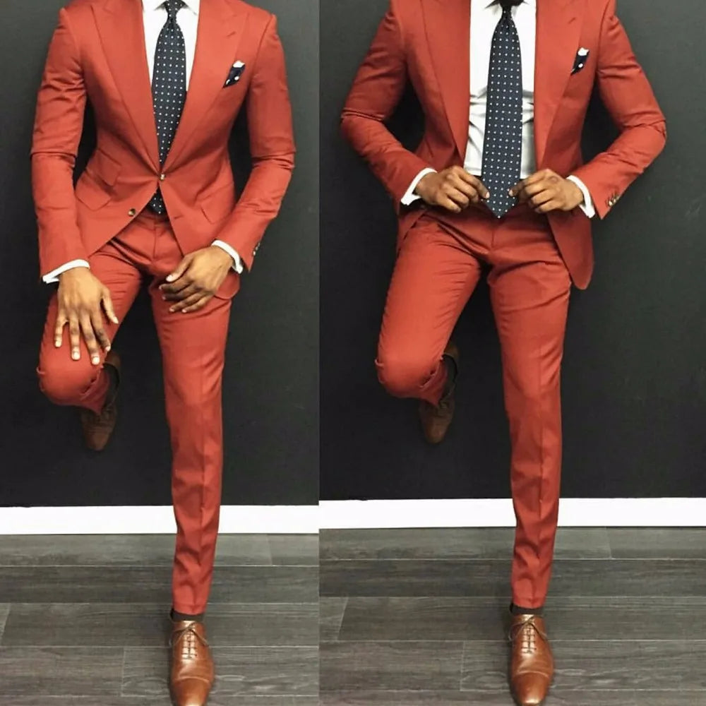 2023 Latest Coat Pant Designs Orange Men Suits Casual Slim Fit 2 Piece Tuxedo Tailor Groom Prom Party Blazer Set Masculino as the image