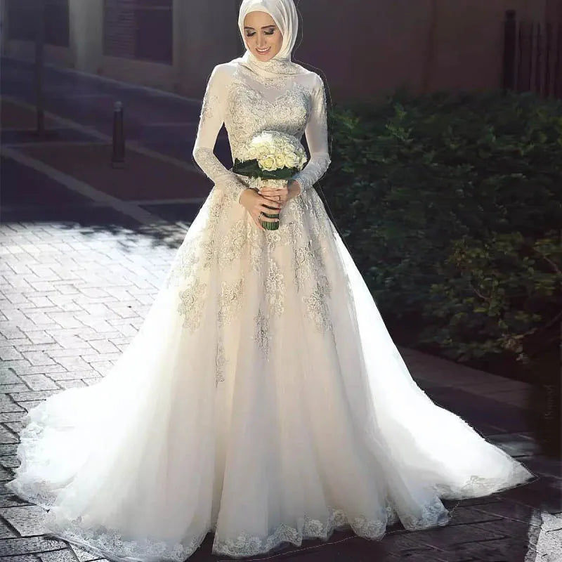 Muslim Arabic Wedding Dresses Long Sleeve Lace Applique With Hijab A Line Zipper Back Vestidos De Noiva Bride Dress Princess Ivory