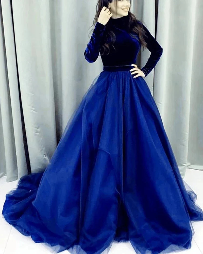 Muslim Evening Dress High Neck Long Sleeve Velvet A-Line Long Formal Dubai Arabic Kaftan Prom Party Dress Gowns Royal Blue