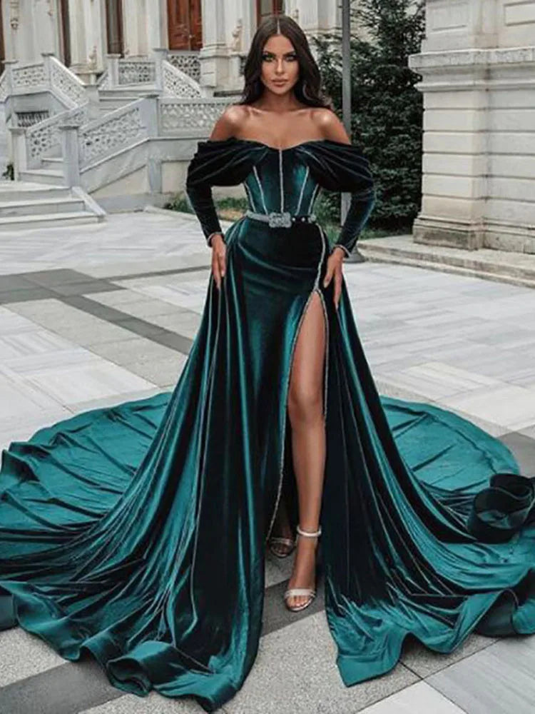 Green Velvet Long Sleeve Mermaid Morocco Caftan Evening Dress Side Split Outfit Prom Dresses With Detachable Train Hunter green