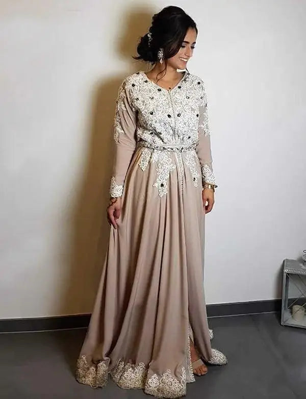 Dusty Rose Lace Beading Moroccan Kaftan Formal Evening Dresses with Long Sleeve Prom Special Occasion Gowns Mother Dress Dusty Rose