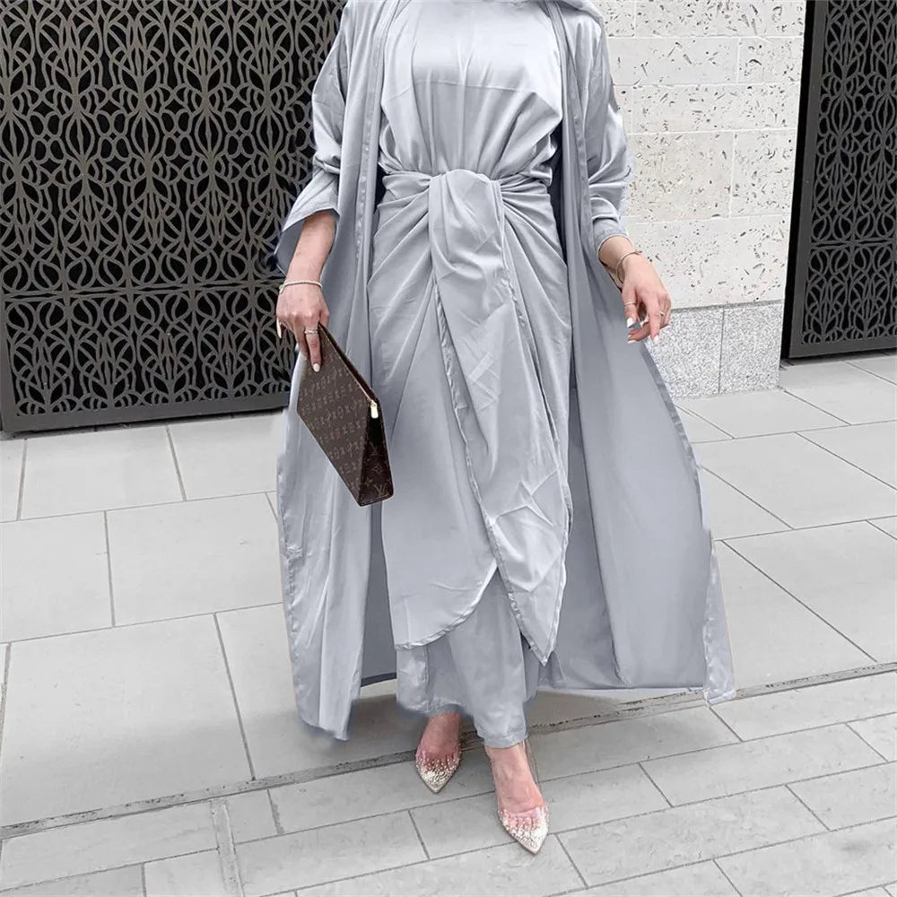 Muslim Women Open Abaya Satin 3/4 Piece Suits Arabic Turkish Party Evening Outfits Kimono+Wrap+Dress Set Islamic Caftan Vestidos Gray Without Scarf