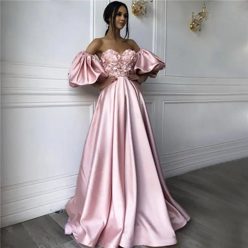 Pink Sweetheart Neck caftan Evening Dresses Flowers Full Sleeve Arabic Special Occasion Dresses Evening Party Gowns