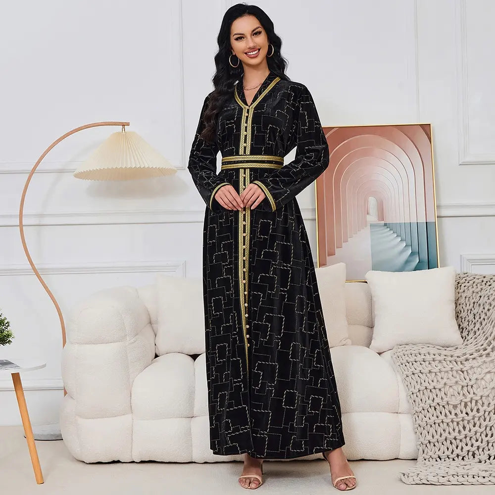 Autumn Winter Velvet Black Long Dress Gold Stamping Long Sleeve V Collar Belted Abaya Jalabiyat Moroccan Dubai Kaftan