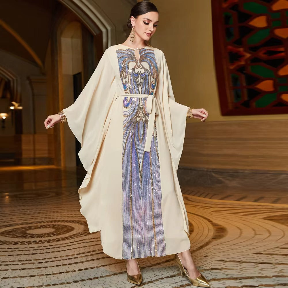 Elegant Floral Embroidery Sequins Butterfly Sleeves Belted Kaftan Ladies Evening Dresses Casual Loose Arab Muslim Women Clothes