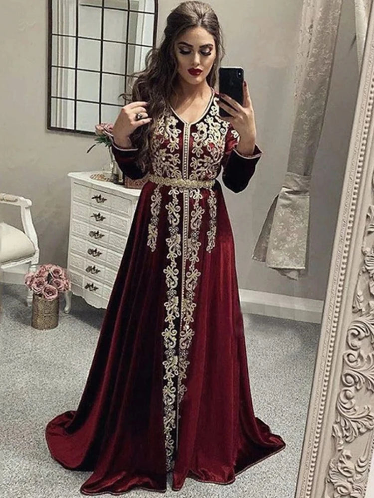 Lace Burgundy Moroccan caftan Evening Dresses V Neck Crystal Algeria Arabic Muslim Special Occasion Dresses Party Gowns