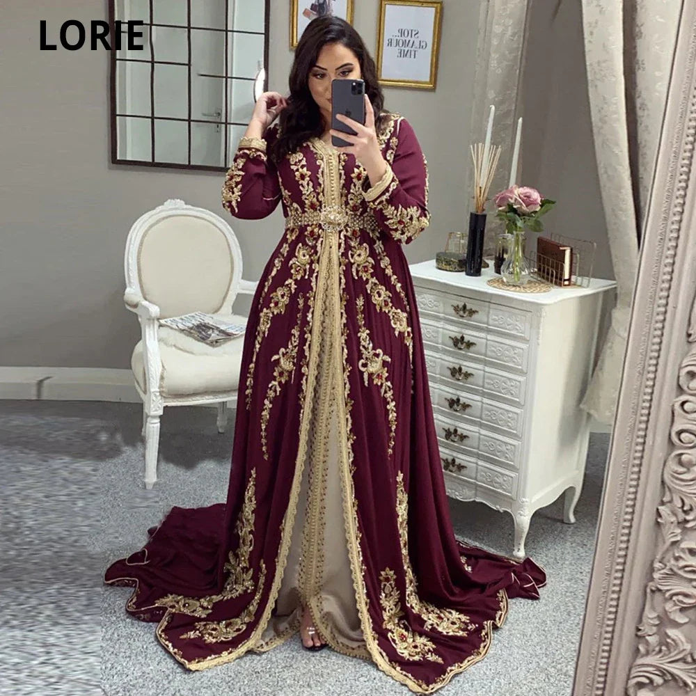 Elegant Moroccan kaftan Evening Dresses Burgundy Embroidery Beading Women Party Wear Formal Gowns Kaftan Dress Plus Size Burgundy