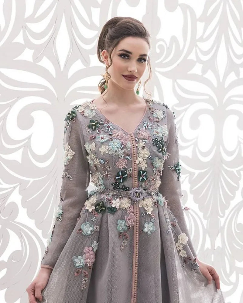 Long Evening Dresses Charming 3D Flowers Dubai Moroccan Kaftan Vestido De Fiesta De Boda Formal Robes De Soirée