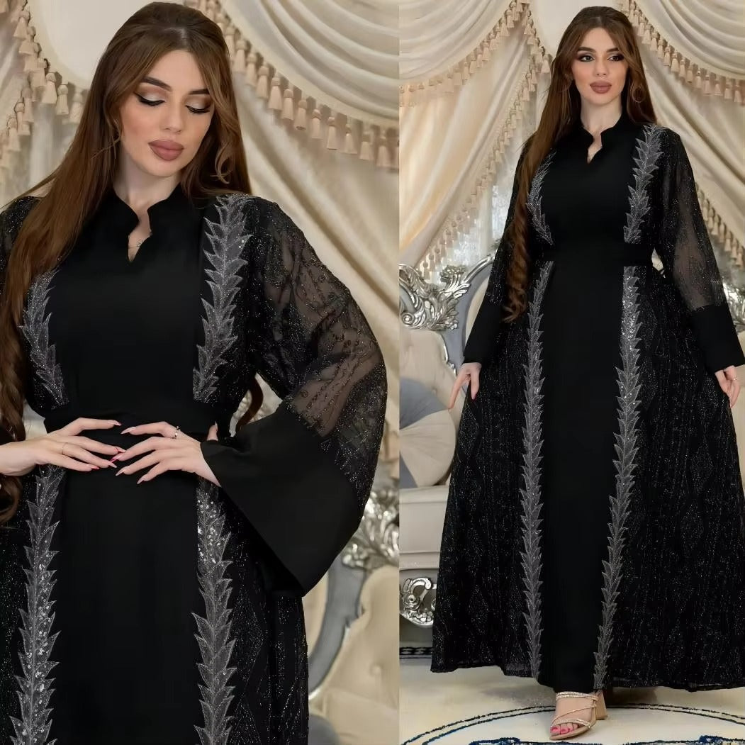 Dubai Turkish Ethnic Floral Embroidery Sequins Belted Evening Gown Eid Al-Adha Saudi Arab Djellaba Clothing Ramadan Eid