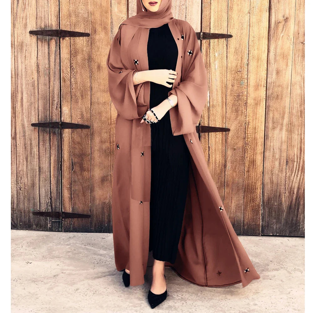 Muslim Women Abaya Long Maxi Dress Dubai Beads Kimono Turkish Open Cardigan Clothing Islam Ramadan Robe Eid Middle East Jalabiya Khaki