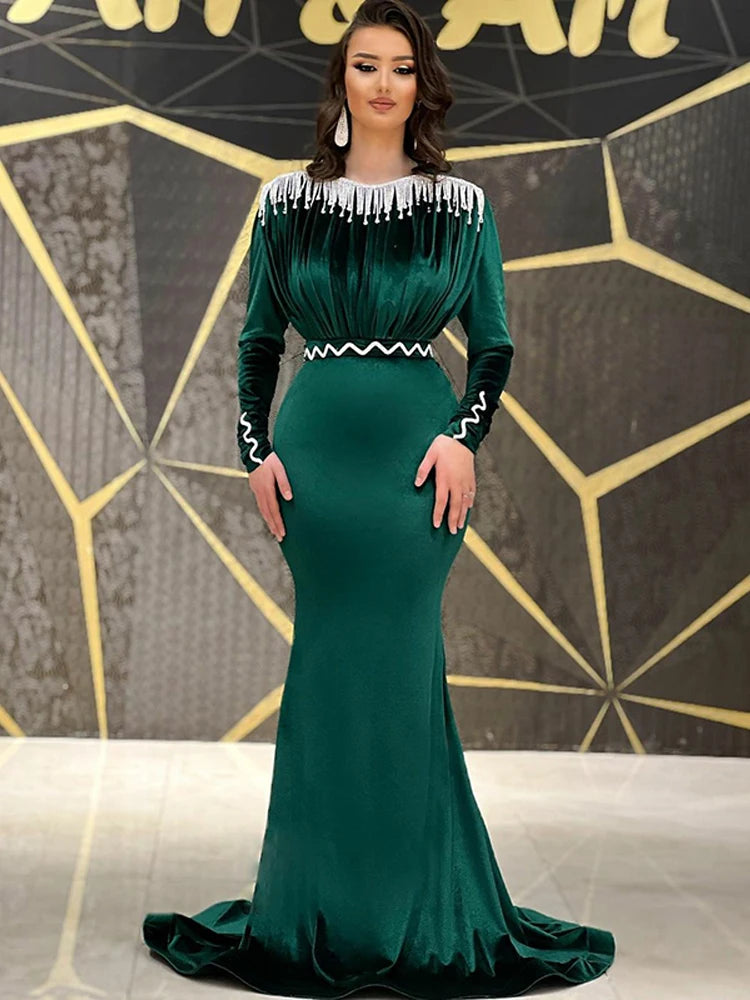 Velvet Tassel Mermaid Evening Dress Long Sleeve Elegant Caftan Party Dresses Robe De Soirée Popular Women Prom Gowns