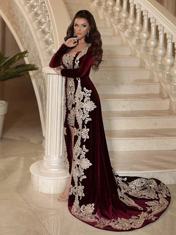 Burgundy Morocco Caftan Evening Dresses Full Sleeve Lace Mermaid Prom Gowns Classic Formal Evening Party Dress