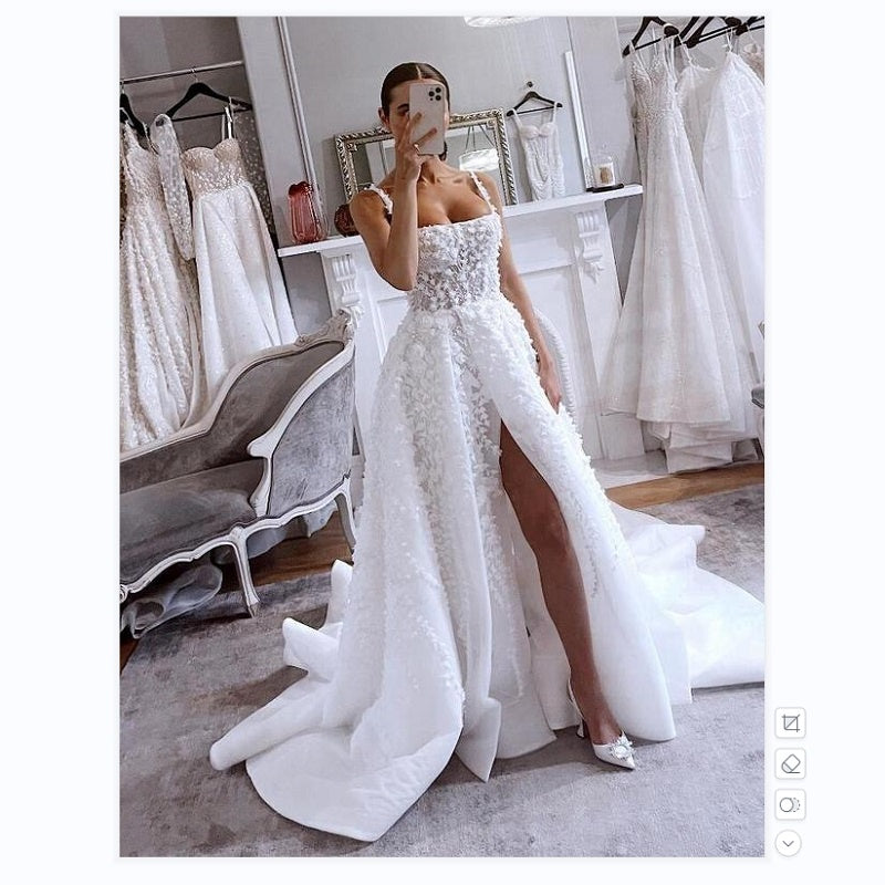 Fashion Square Collar Lace Appliques Wedding Dresses Pretty Sleeveless Tulle A Line Bridal Gowns Side Split Long Wedding Gowns