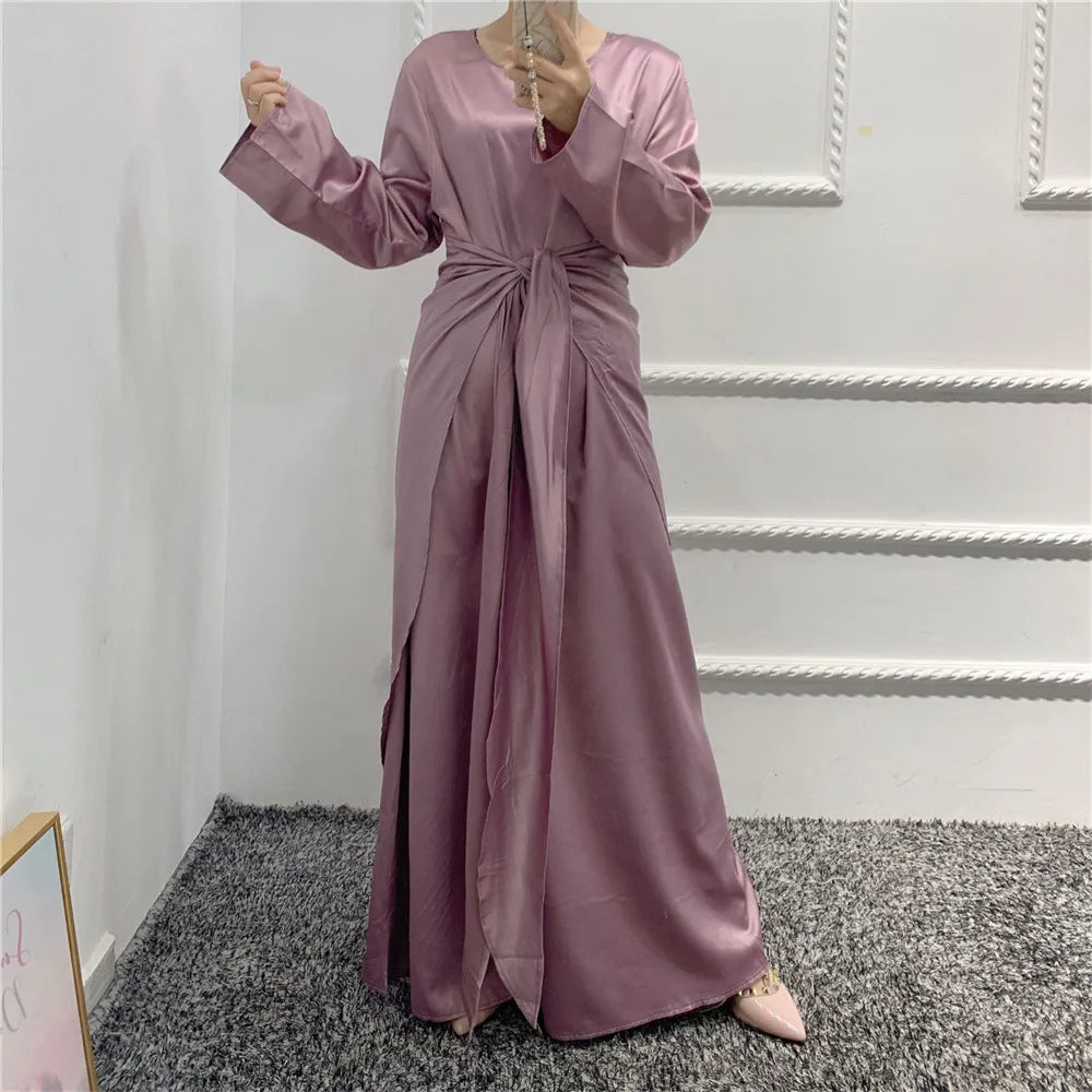 Muslim Women Open Abaya Satin 3/4 Piece Suits Arabic Turkish Party Evening Outfits Kimono+Wrap+Dress Set Islamic Caftan Vestidos Purple Without Scarf