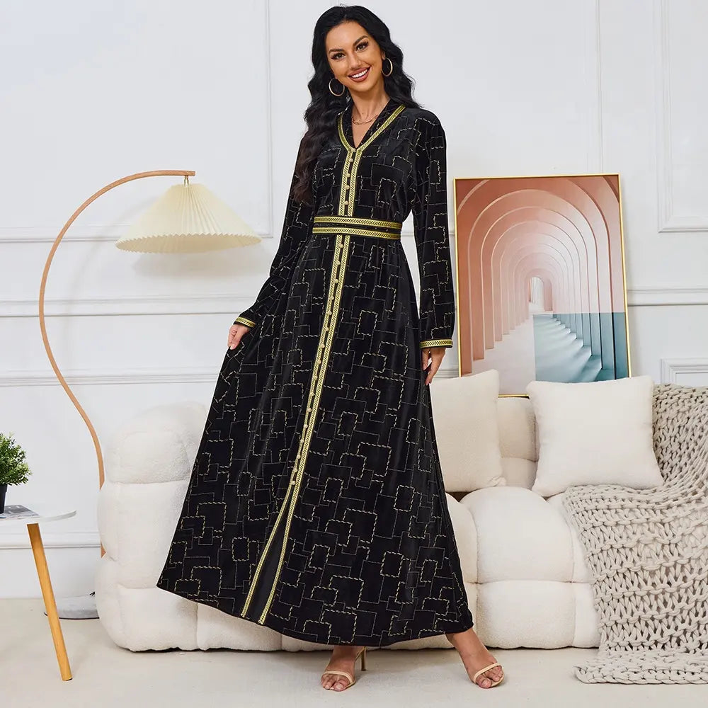 Autumn Winter Velvet Black Long Dress Gold Stamping Long Sleeve V Collar Belted Abaya Jalabiyat Moroccan Dubai Kaftan