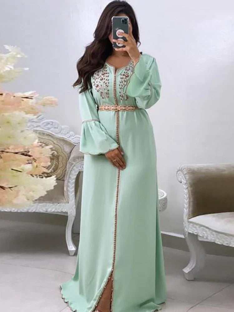 Beading Green Moroccan Kaftan Formal Evening Dresses with Long Sleeve Prom Special Occasion Gowns Mother Dress Vintage