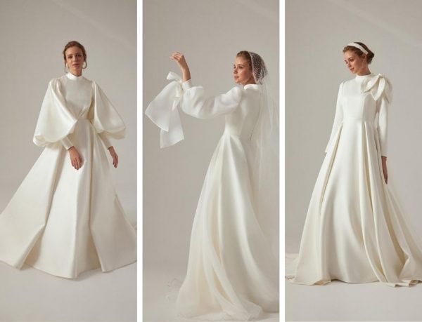 Muslim High Collar Ivory A-line Wedding Dresses Fold Puff Sleeve Satin Draped Pleat Bride Gown Floor Length robe de mariée White