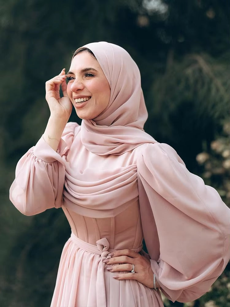 Blush Chiffon Prom Dresses for Hijab Women High Neck Long Sleeves Floor Length A Line Pleats Muslim robe femme soirée Party Gown