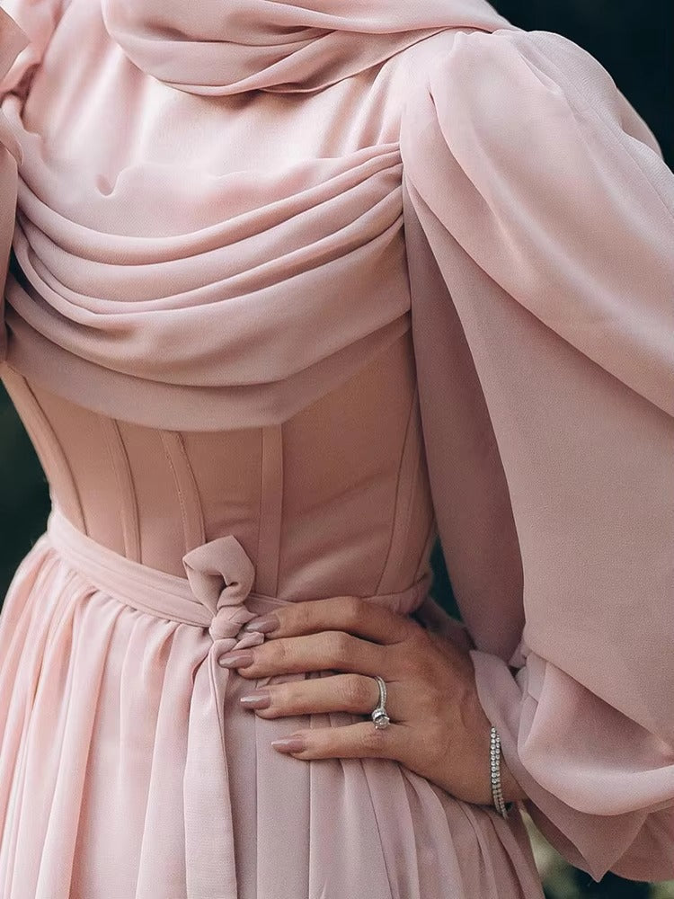 Blush Chiffon Prom Dresses for Hijab Women High Neck Long Sleeves Floor Length A Line Pleats Muslim robe femme soirée Party Gown