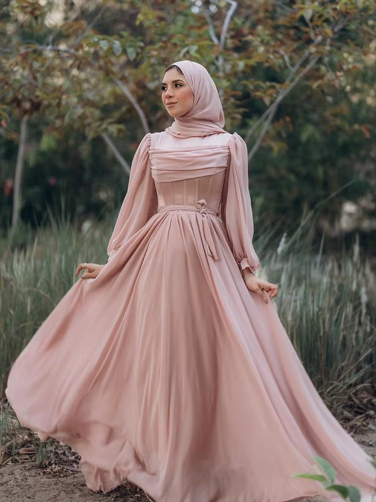 Blush Chiffon Prom Dresses for Hijab Women High Neck Long Sleeves Floor Length A Line Pleats Muslim robe femme soirée Party Gown