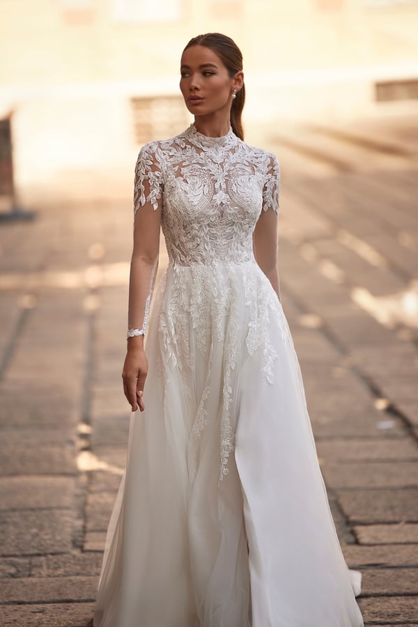 Elegant A-Line Wedding Dress with Illusion Sleeves, High Neckline, and Exquisite Embellishments