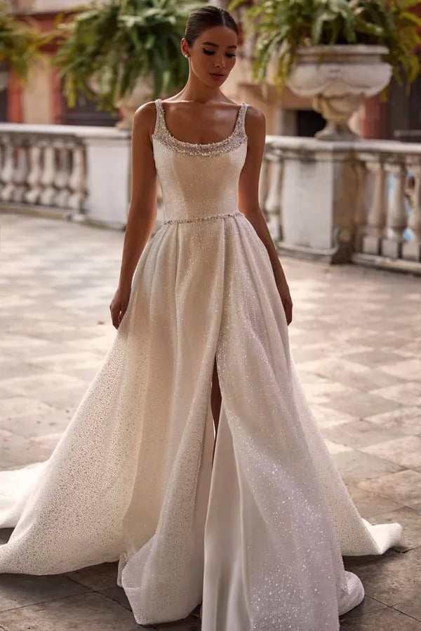 Romantic Sequined Wedding Dresses for Women Slit Sleeveless Pleat Engagement Party Chapel Train Bridal Gown Customised