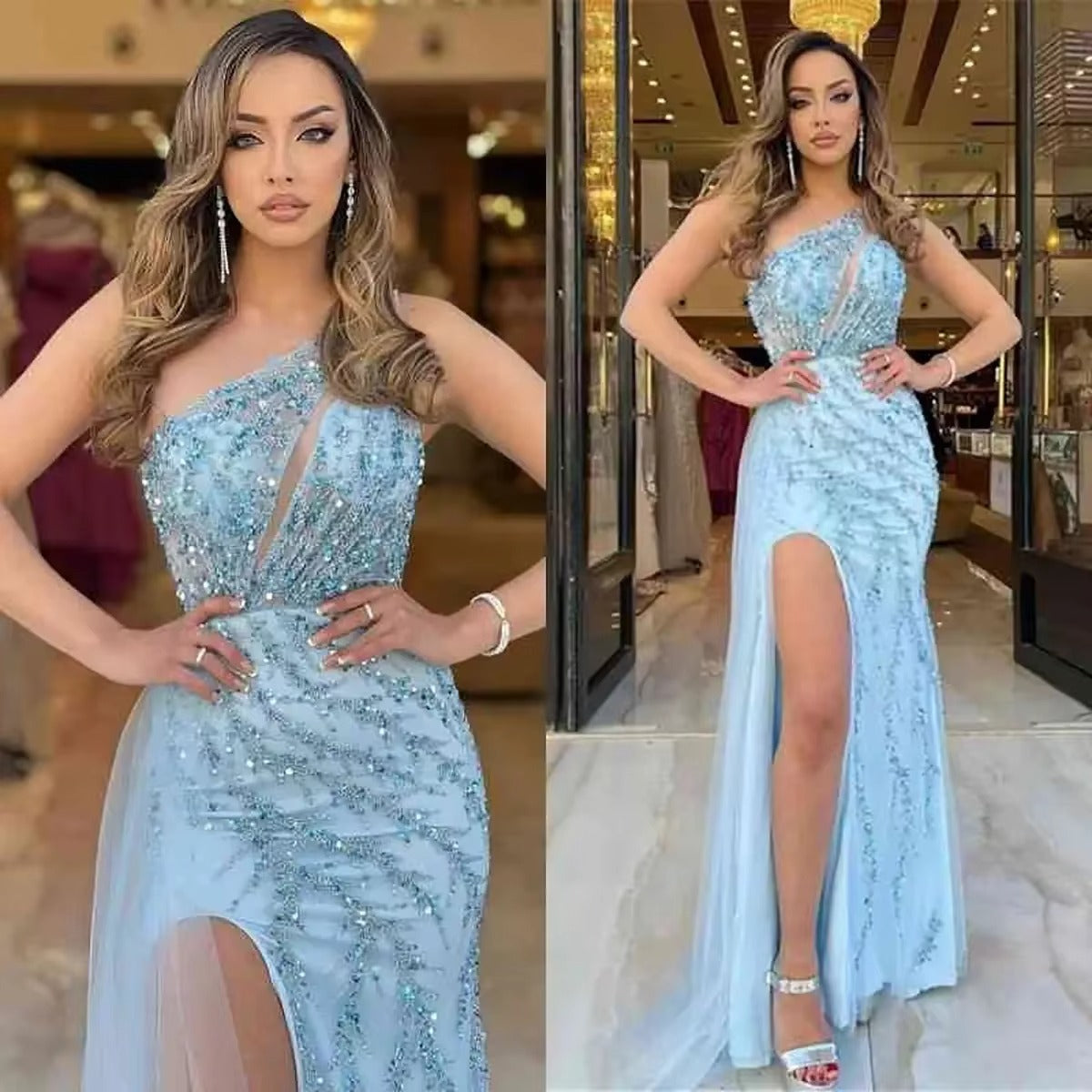 Luxury A-Line Evening dress Blue tulle beaded decal sequin sexy sleeveless side split Sweep train ball party dress custom