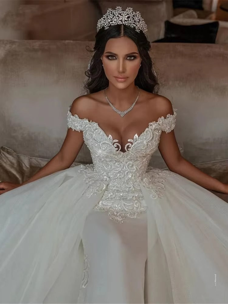 Luxury Mermaid Wedding Dresses Detachable Train Appliques Off Shoulder Lace Up Back Aso Ebi Bridal Gown Vestido De Novia