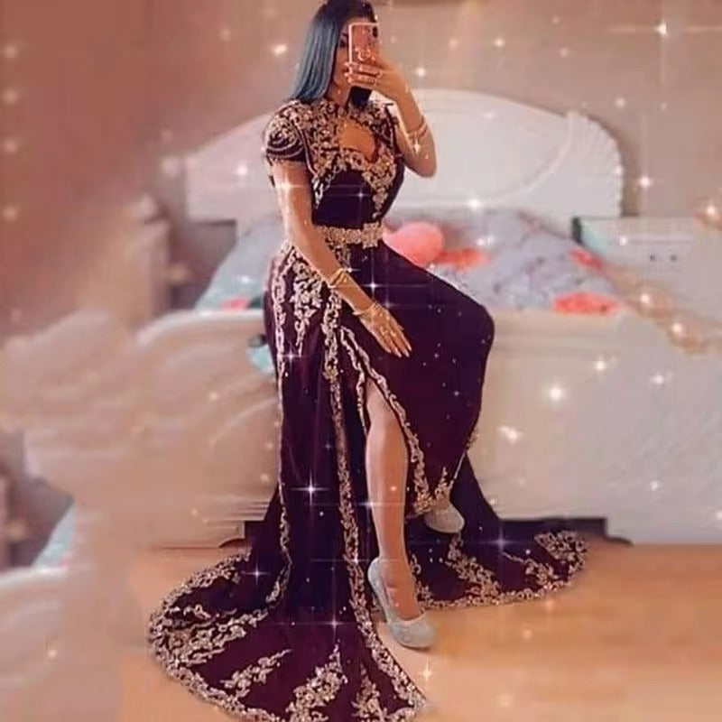 Caftan 2-Piece Evening Dress With Cape Appliqued Algerian Special occasion Dresses Side Split Lace Evening Party Gowns