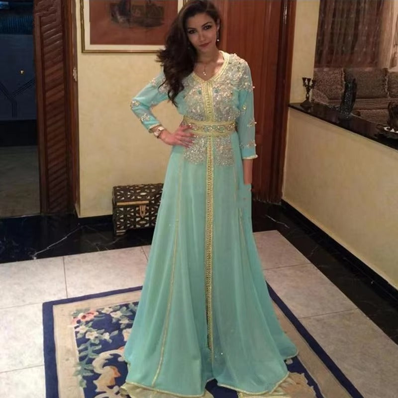 Moroccan caftan Evening Dresses Gold Lace Appliques Mint Green Arabic Muslim Special Occasion Dress Evening Party Gowns