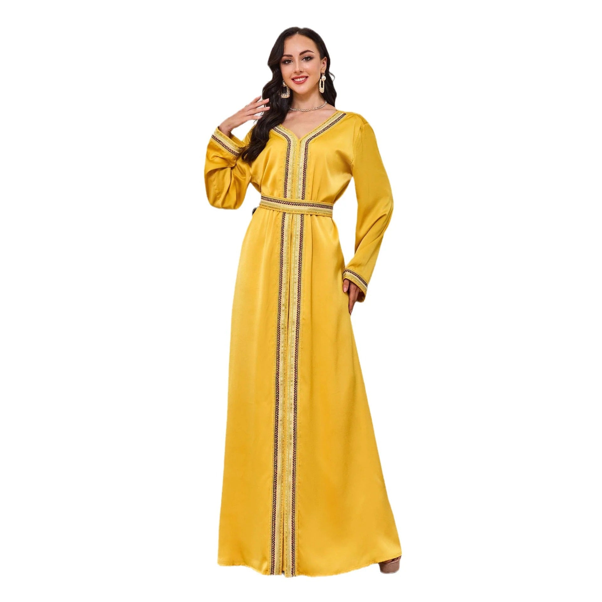 Fashion Basic Solid Moroccan Kaftan For Women Tape Trim Diamonds V-Neck Full Sleeve Sashes Elegant Chic Female Dresses