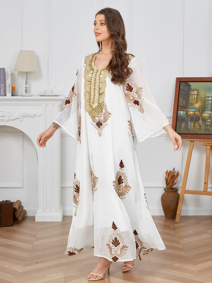 Fashion White Casual Beading Floral Embroidery Evening Party Dress Long Sleeve O-Neck Loose Abaya Moroccan Gulf Women